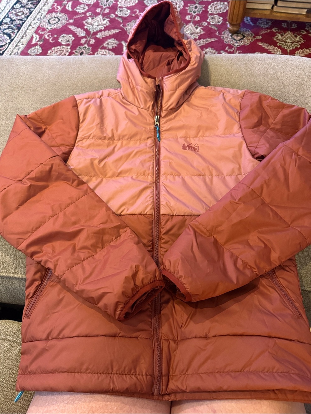 REI Co-op Hooded Puffer Jacket Womens Small Orange Insulated Full Zip (TD)